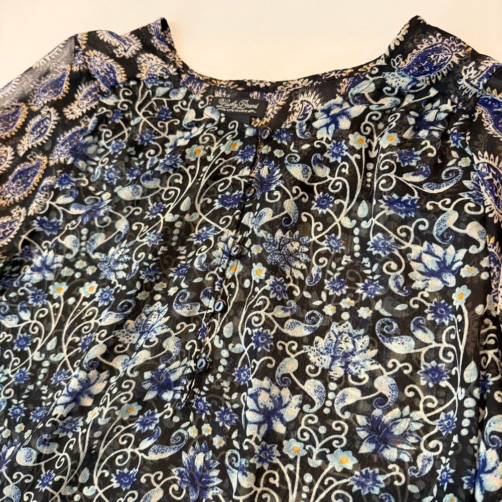 Women's Lucky Brand Sheer Multicolored Blue White Floral Puffy Sleeve Blouse